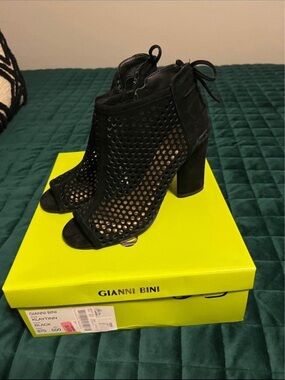Gianni Bini Black Perforated Peep-Toe Block Heel Booties with Back Tie